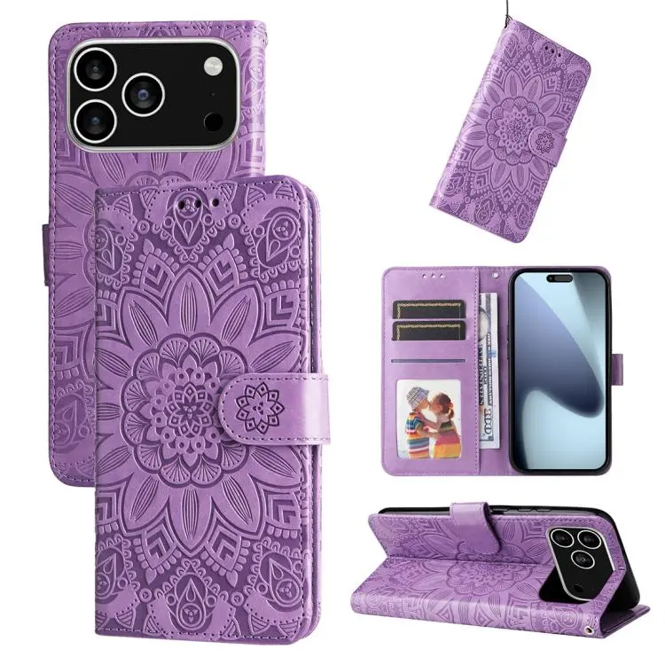 For iPhone 18 Pro / 17 Pro Embossed Sunflower Leather Phone Case(Purple)