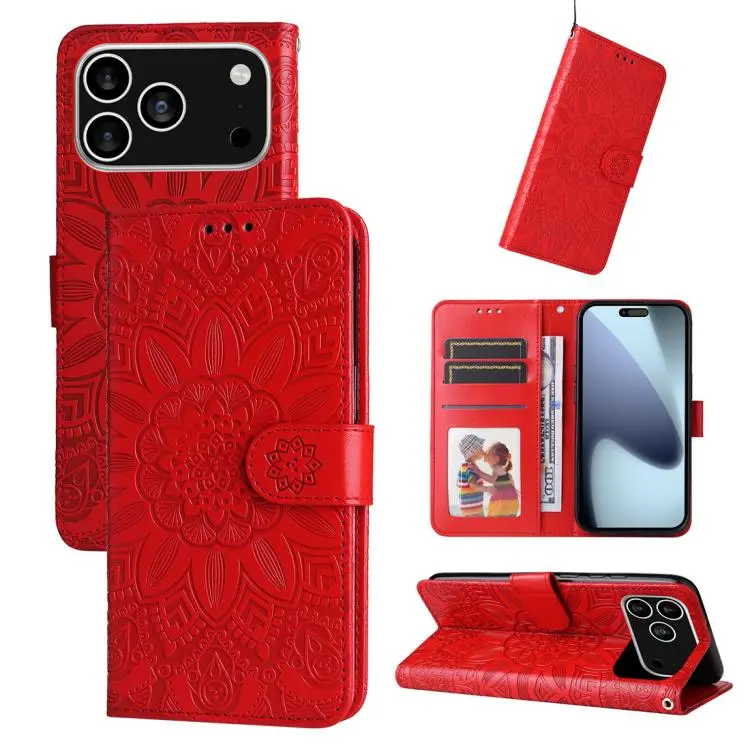 For iPhone 18 Pro / 17 Pro Embossed Sunflower Leather Phone Case(Red)