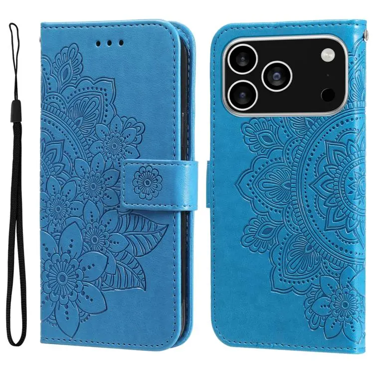 For iPhone 18 Pro / 17 Pro Seven-petal Flowers Embossing Leather Phone Case(Blue)