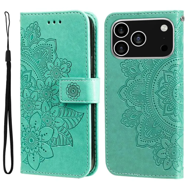 For iPhone 18 Pro / 17 Pro Seven-petal Flowers Embossing Leather Phone Case(Green)