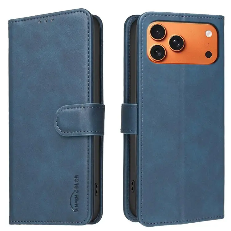 For iPhone 18 Pro/17 Pro Solid Color Calfskin Texture RFID Vegan Leather Phone Case(Blue)