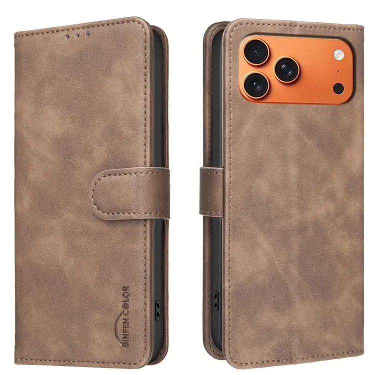 For iPhone 18 Pro/17 Pro Solid Color Calfskin Texture RFID Vegan Leather Phone Case(Brown)
