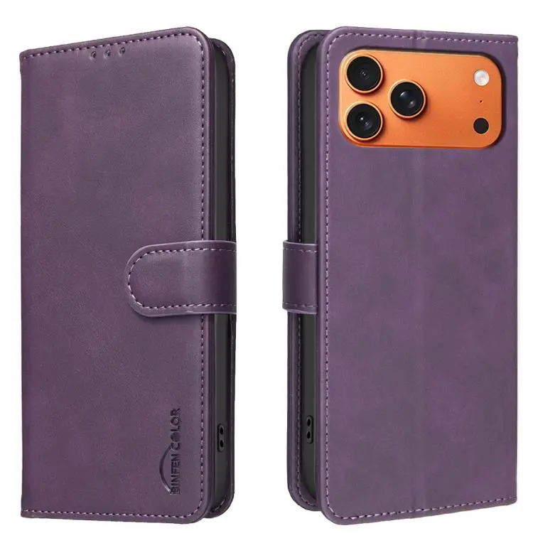 For iPhone 18 Pro/17 Pro Solid Color Calfskin Texture RFID Vegan Leather Phone Case(Purple)