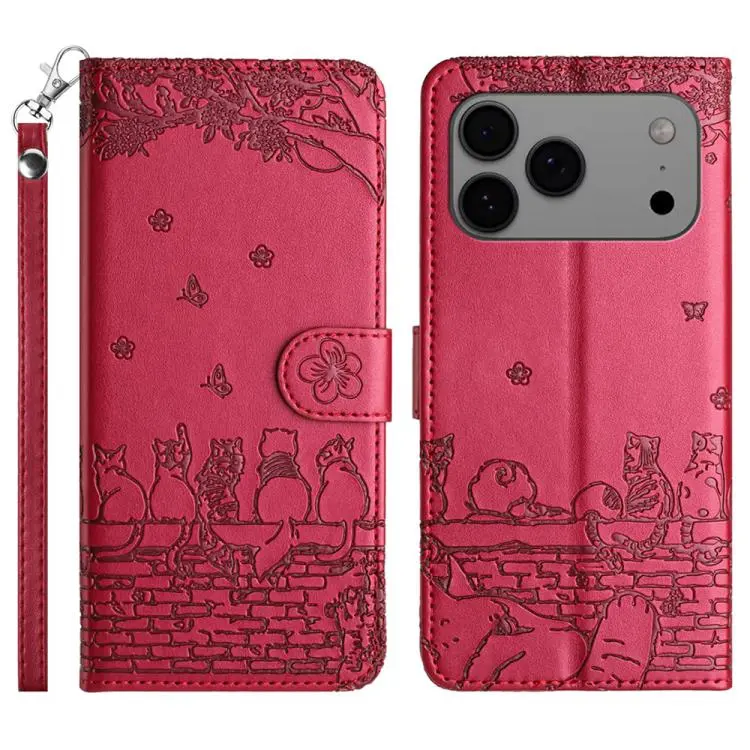 For iPhone 18 Pro Max / 17 Pro Max Cat Embossing Pattern Leather Phone Case with Lanyard(Red)