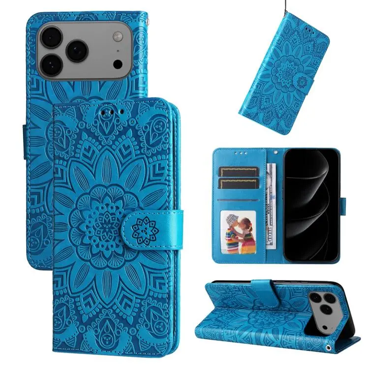 For iPhone 18 Pro Max / 17 Pro Max Embossed Sunflower Leather Phone Case(Blue)