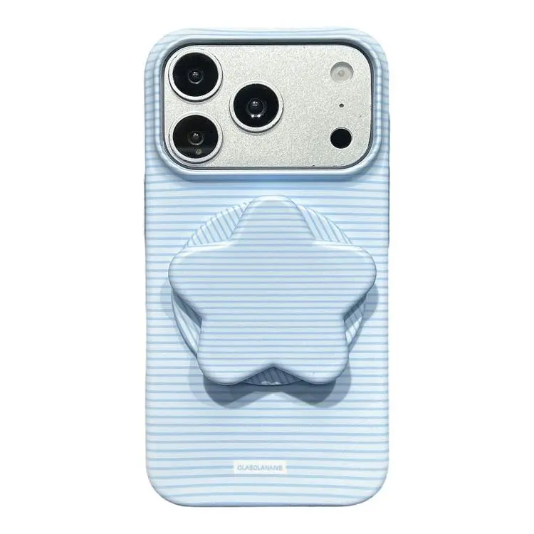 For iPhone 18 Pro Max / 17 Pro Max Macaron Striped Full Coverage PC Phone Case with Star Holder(Blue)