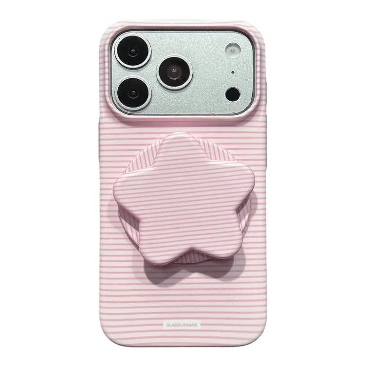 For iPhone 18 Pro Max / 17 Pro Max Macaron Striped Full Coverage PC Phone Case with Star Holder(Pink)