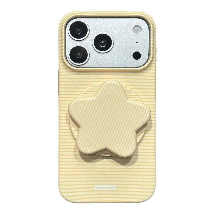 For iPhone 18 Pro Max / 17 Pro Max Macaron Striped Full Coverage PC Phone Case with Star Holder(Yellow)
