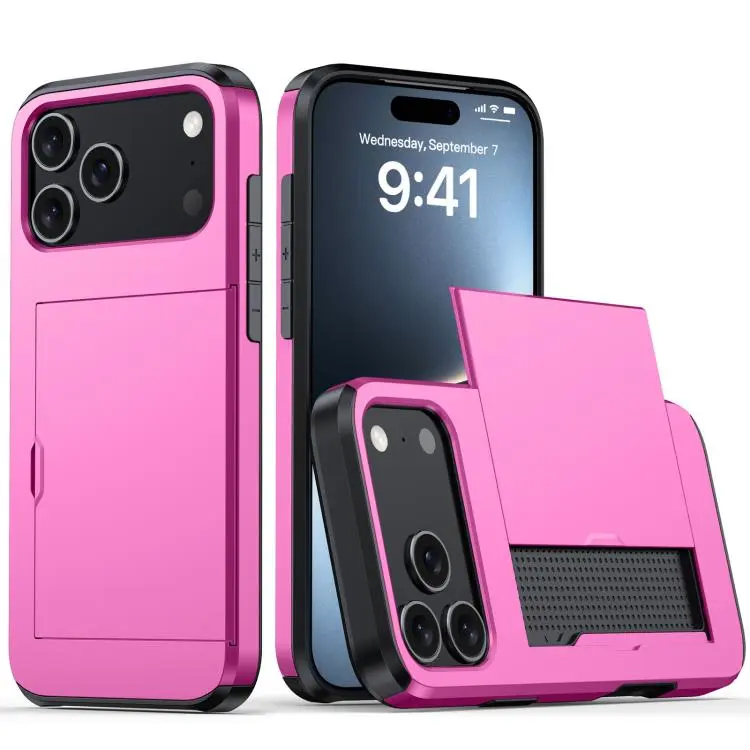 For iPhone 18 Pro Max Shockproof Armor Phone Case with Card Slot(Rose Red)