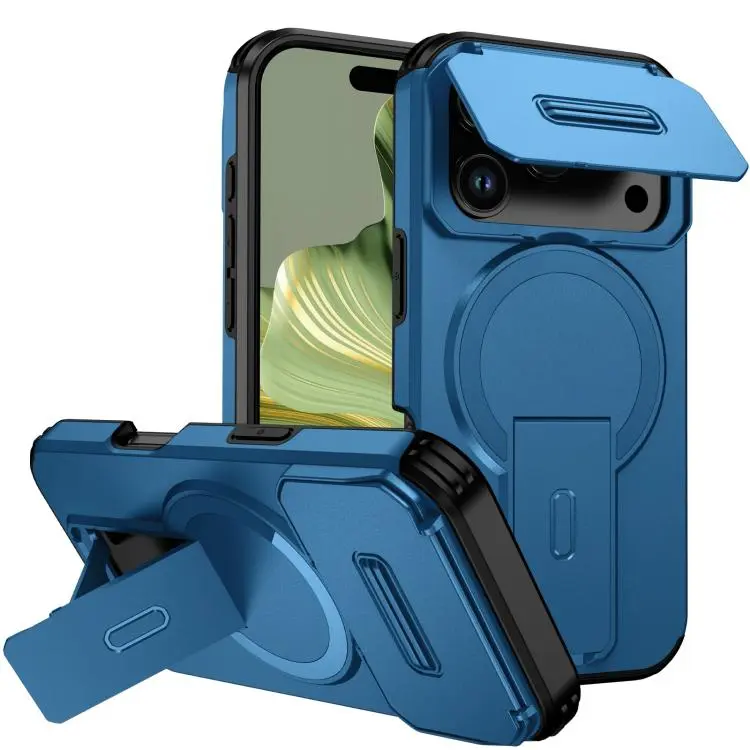 For iPhone 18 Pro Max Sliding Camshield MagSafe Holder Phone Case(Blue)
