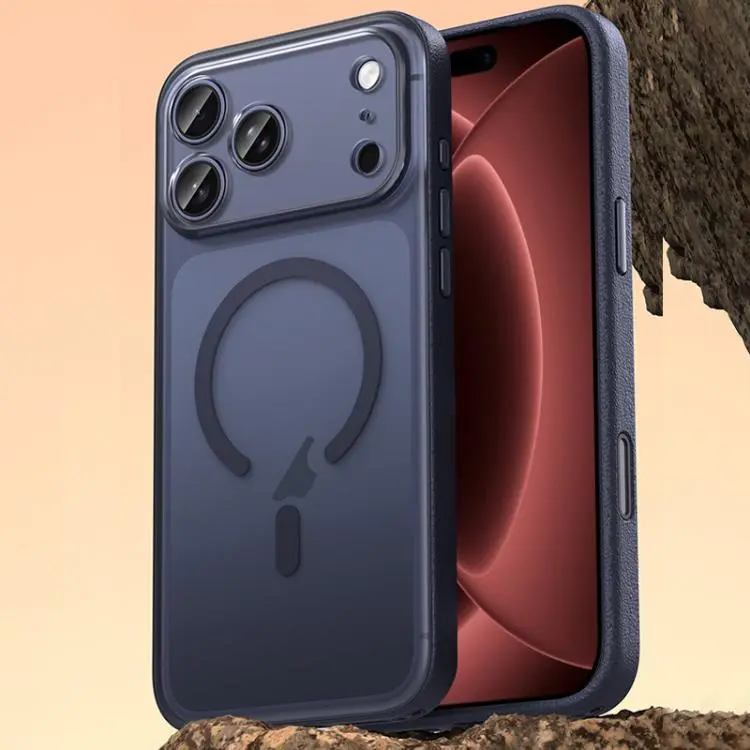 For iPhone 18 Pro Max Vegan Leather Magnetic Phone Case(Deep Sea Blue)