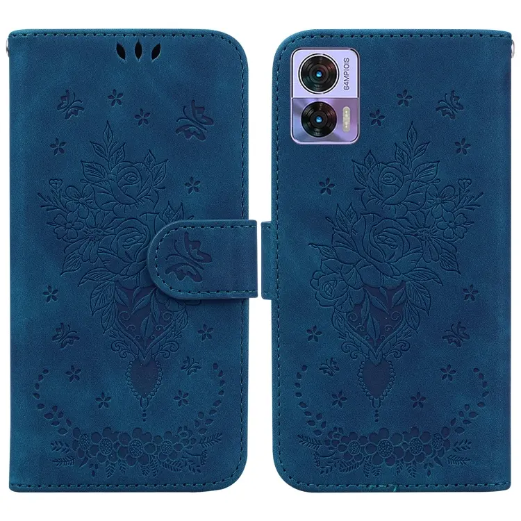 For Motorola Edge 30 Neo / Edge 30 Lite Butterfly Rose Embossed Leather Phone Case(Blue)