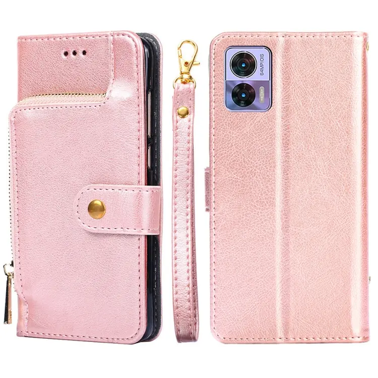 For Motorola Edge 30 Neo Zipper Bag Flip Leather Phone Case(Rose Gold)
