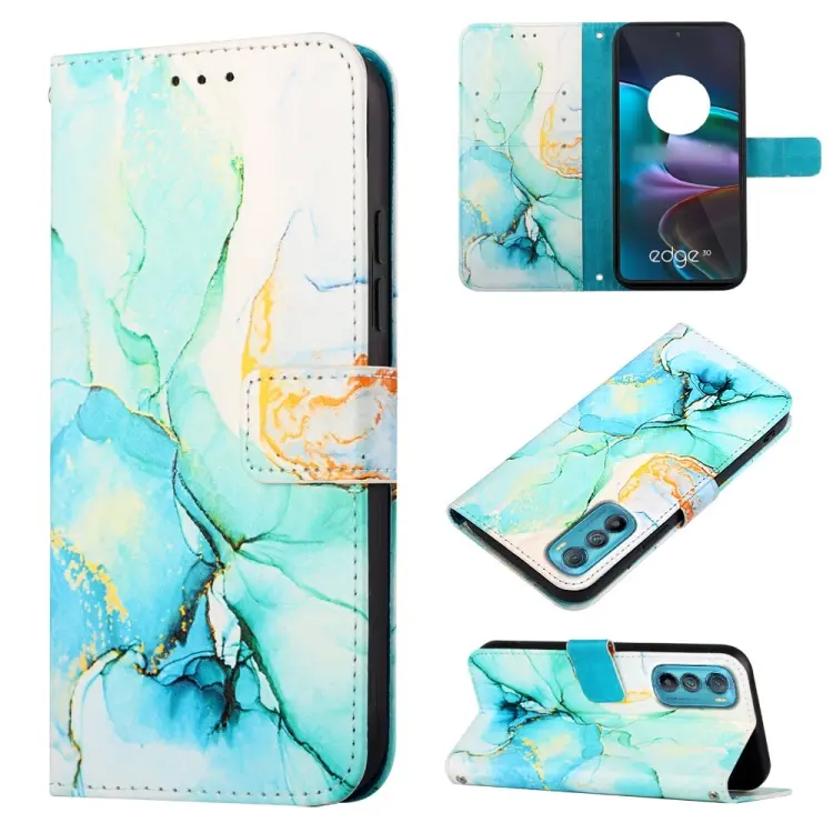 For Motorola Edge 30 PT003 Marble Pattern Flip Leather Phone Case(Green)