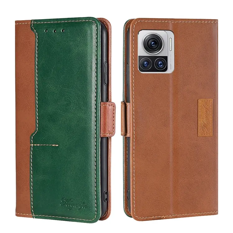 For Motorola Edge 30 Ultra / Moto X30 Pro Contrast Color Side Buckle Leather Phone Case(Light Brown + Green)