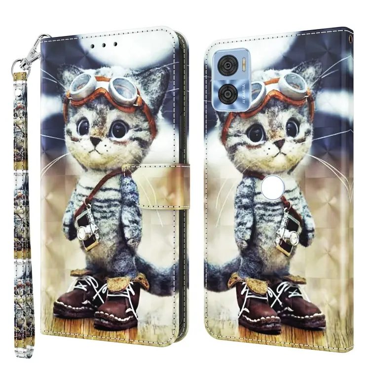 For Motorola Moto E22 3D Painted Leather Phone Case(Naughty Cat)