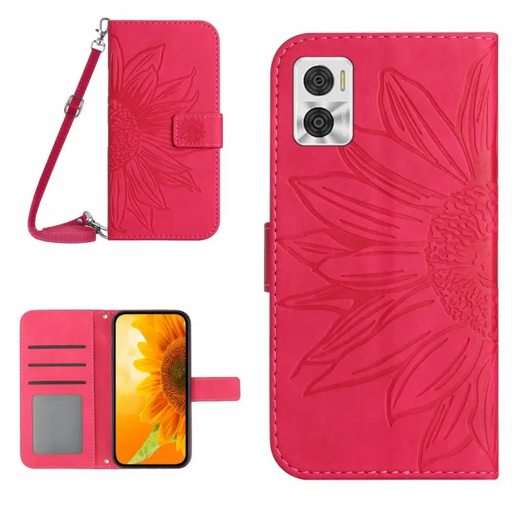 For Motorola Moto E22 4G/E22i 4G Skin Feel Sun Flower Pattern Flip Leather Phone Case with Lanyard(Rose Red)