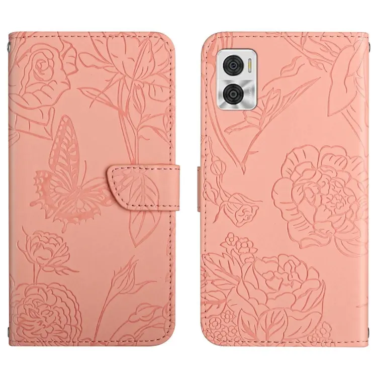 For Motorola Moto E22 4G HT03 Skin Feel Butterfly Embossed Flip Leather Phone Case(Pink)
