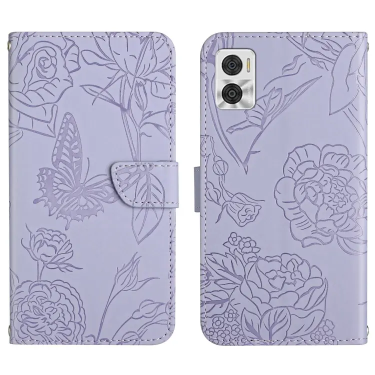 For Motorola Moto E22 4G HT03 Skin Feel Butterfly Embossed Flip Leather Phone Case(Purple)