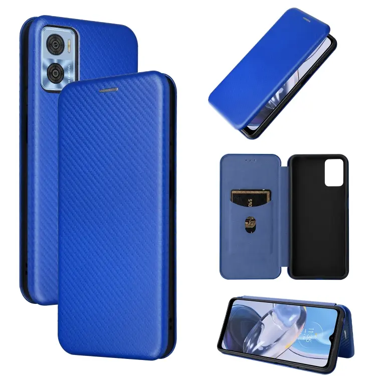 For Motorola Moto E22 4G / Moto E22i 4G Global Carbon Fiber Texture Horizontal Flip PU Phone Case(Blue)