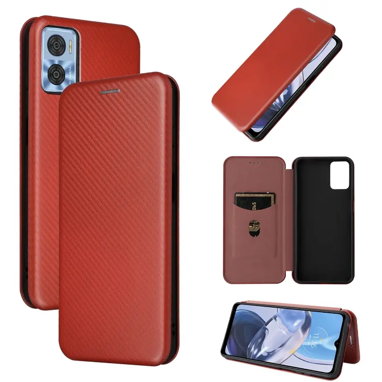 For Motorola Moto E22 4G / Moto E22i 4G Global Carbon Fiber Texture Horizontal Flip PU Phone Case(Brown)