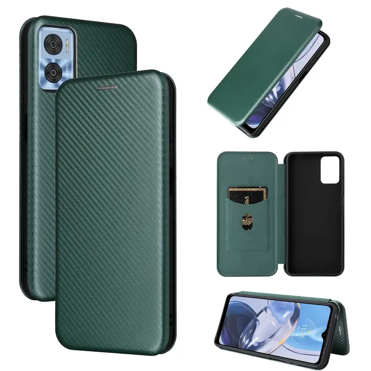 For Motorola Moto E22 4G / Moto E22i 4G Global Carbon Fiber Texture Horizontal Flip PU Phone Case(Green)