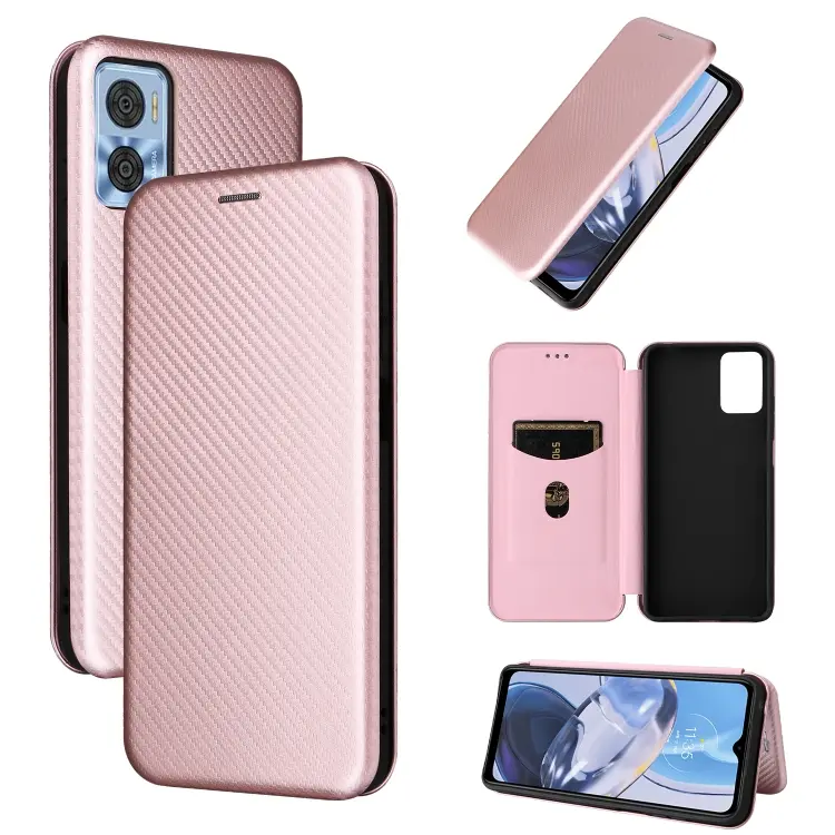 For Motorola Moto E22 4G / Moto E22i 4G Global Carbon Fiber Texture Horizontal Flip PU Phone Case(Pink)