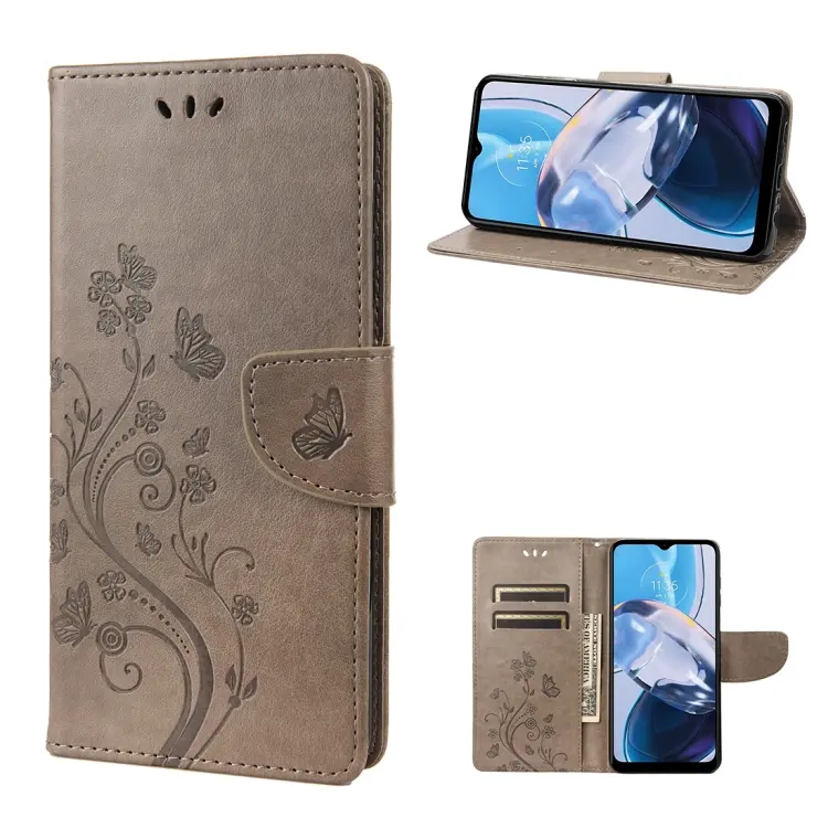 For Motorola Moto E22 / E22i Butterfly Flower Pattern Flip Leather Phone Case(Grey)