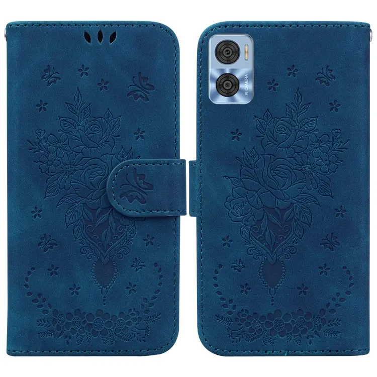 For Motorola Moto E22/E22i Butterfly Rose Embossed Leather Phone Case(Blue)