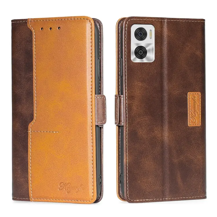 For Motorola Moto E22/E22i Contrast Color Side Buckle Leather Phone Case(Dark Brown+Gold)