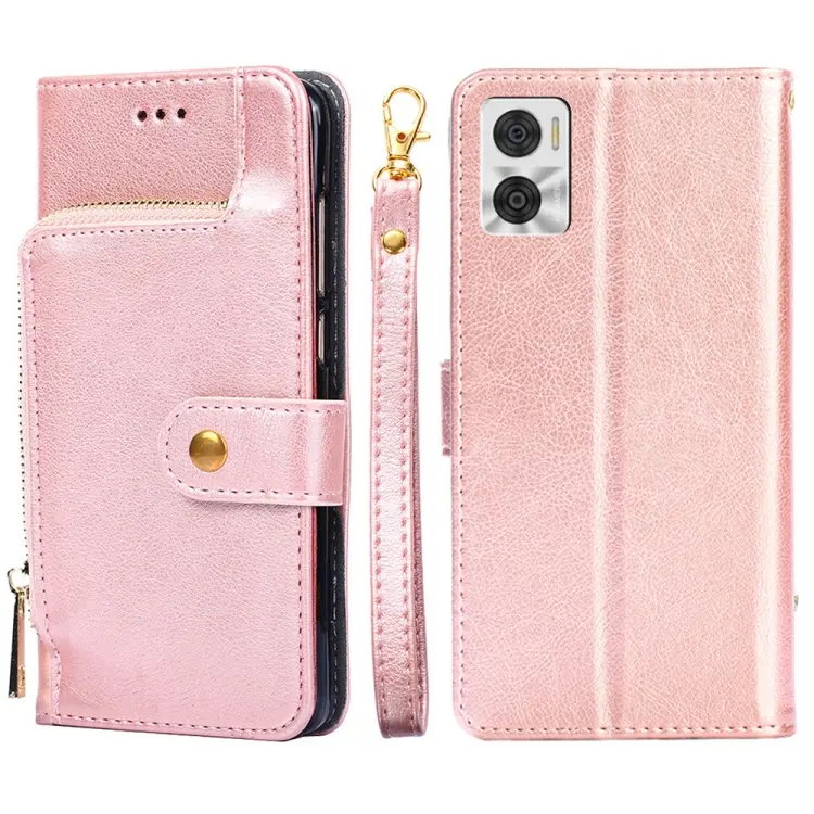 For Motorola Moto E22/E22i Zipper Bag Flip Leather Phone Case(Rose Gold)