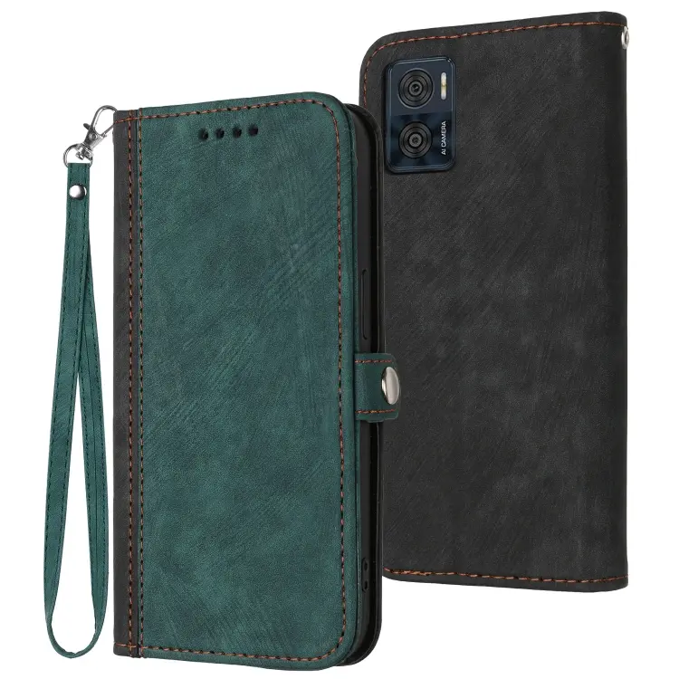 For Motorola Moto E22 Side Buckle Double Fold Hand Strap Leather Phone Case(Dark Green)