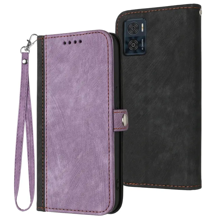 For Motorola Moto E22 Side Buckle Double Fold Hand Strap Leather Phone Case(Purple)