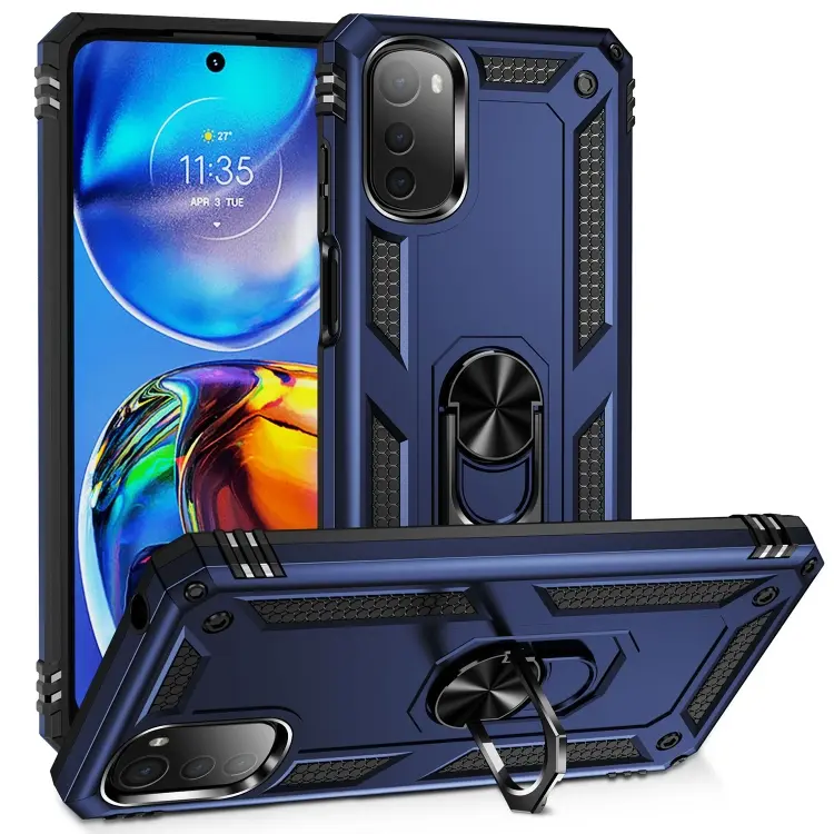 For Motorola Moto E32 4G Shockproof TPU + PC Phone Case with 360 Degree Rotating Holder(Blue)