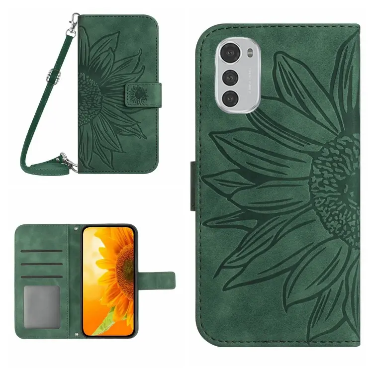 For Motorola Moto E32/E32S Skin Feel Sun Flower Pattern Flip Leather Phone Case with Lanyard(Green)
