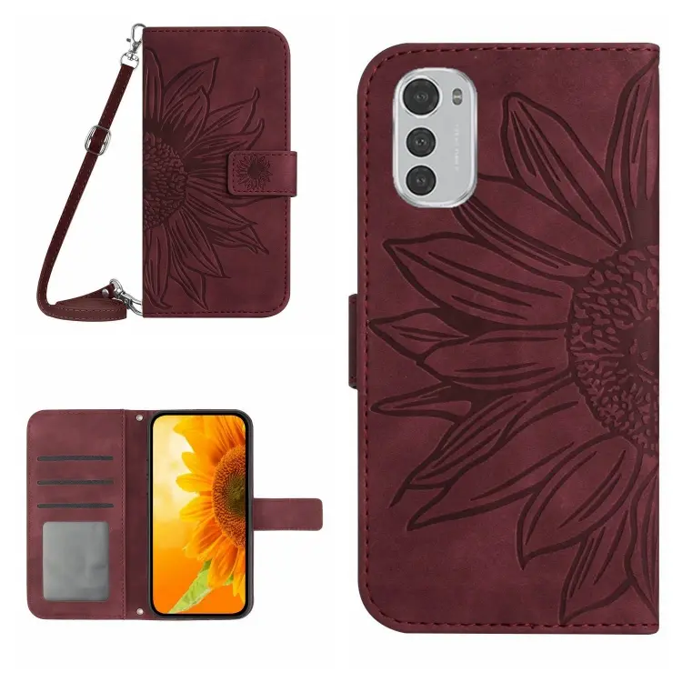 For Motorola Moto E32/E32S Skin Feel Sun Flower Pattern Flip Leather Phone Case with Lanyard(Wine Red)