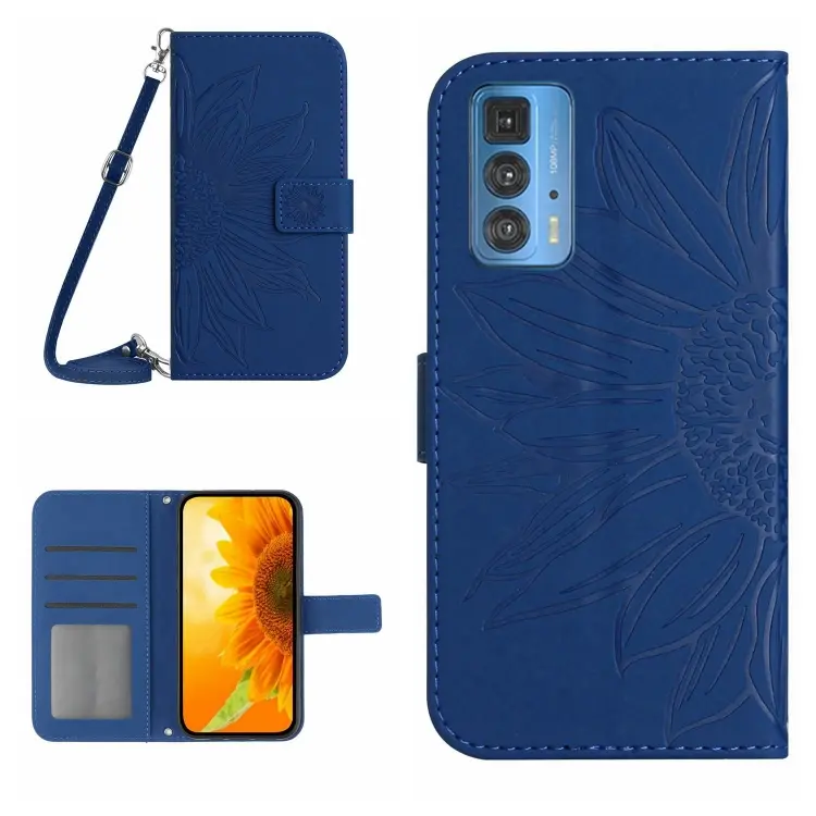 For Motorola Moto Edge 20 Pro Skin Feel Sun Flower Pattern Flip Leather Phone Case with Lanyard(Dark Blue)