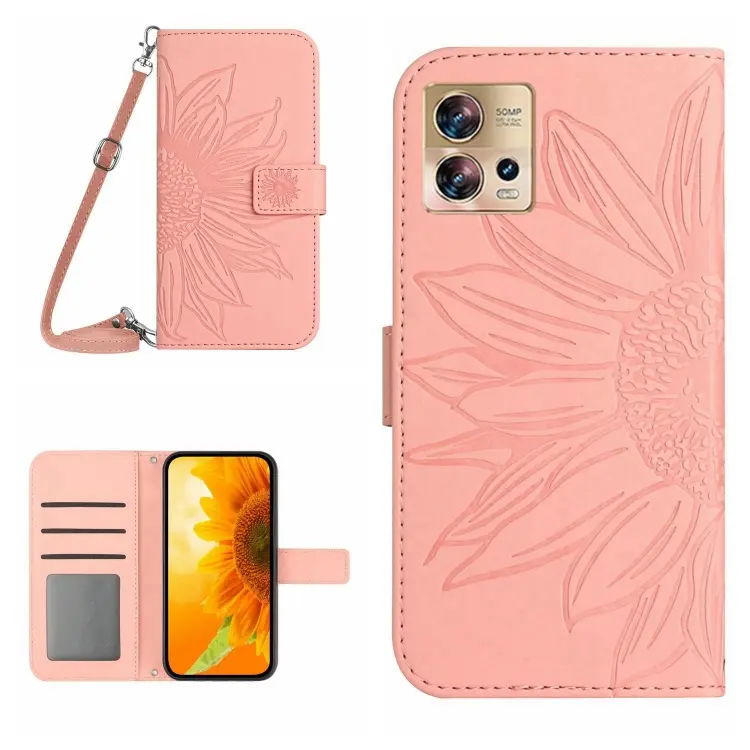 For Motorola Moto Edge 30 Fusion Skin Feel Sun Flower Pattern Flip Leather Phone Case with Lanyard(Pink)