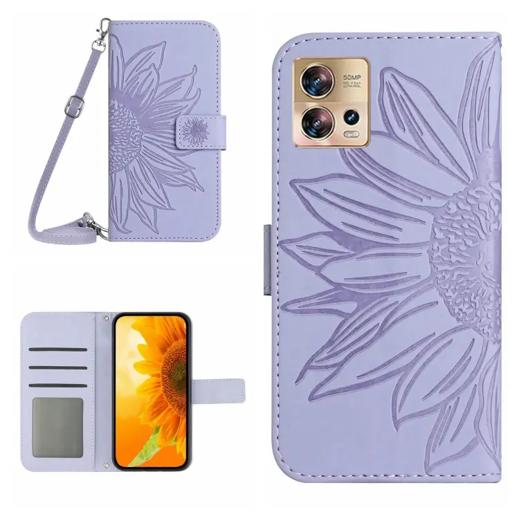 For Motorola Moto Edge 30 Fusion Skin Feel Sun Flower Pattern Flip Leather Phone Case with Lanyard(Purple)