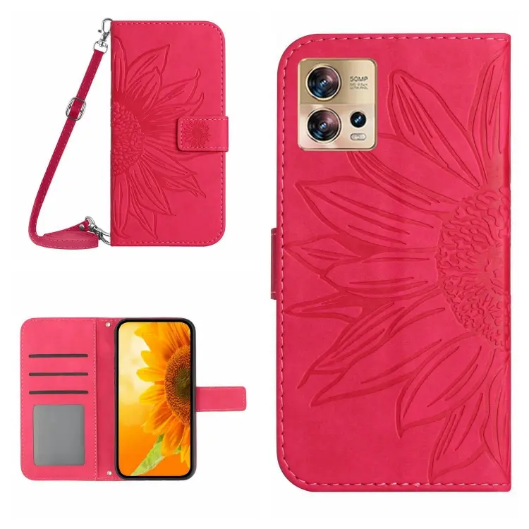 For Motorola Moto Edge 30 Fusion Skin Feel Sun Flower Pattern Flip Leather Phone Case with Lanyard(Rose Red)