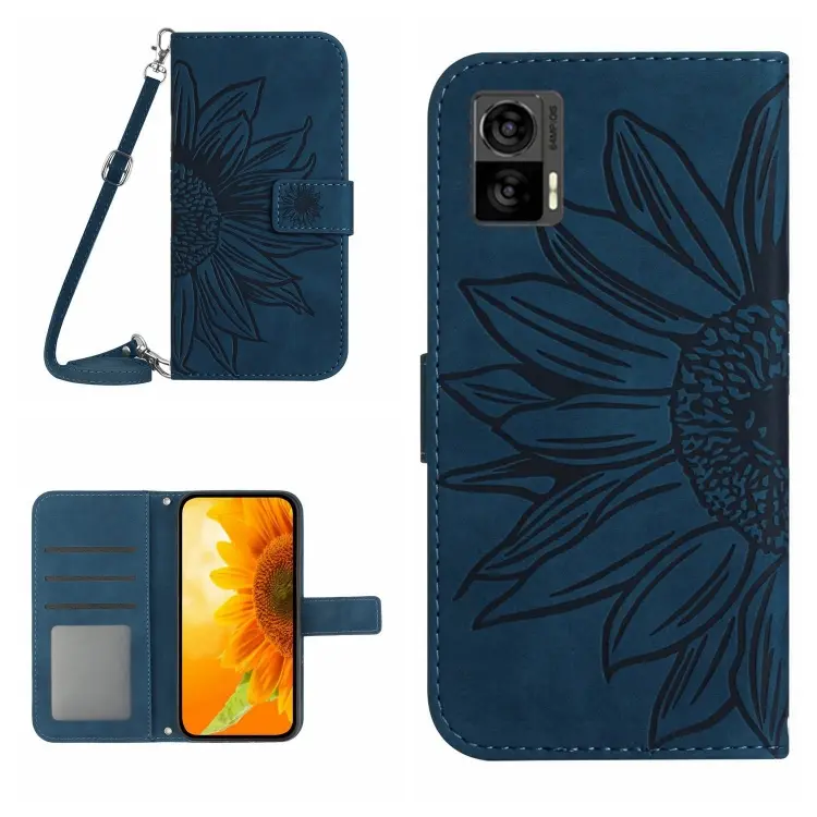 For Motorola Moto Edge 30 Neo Skin Feel Sun Flower Pattern Flip Leather Phone Case with Lanyard(Inky Blue)