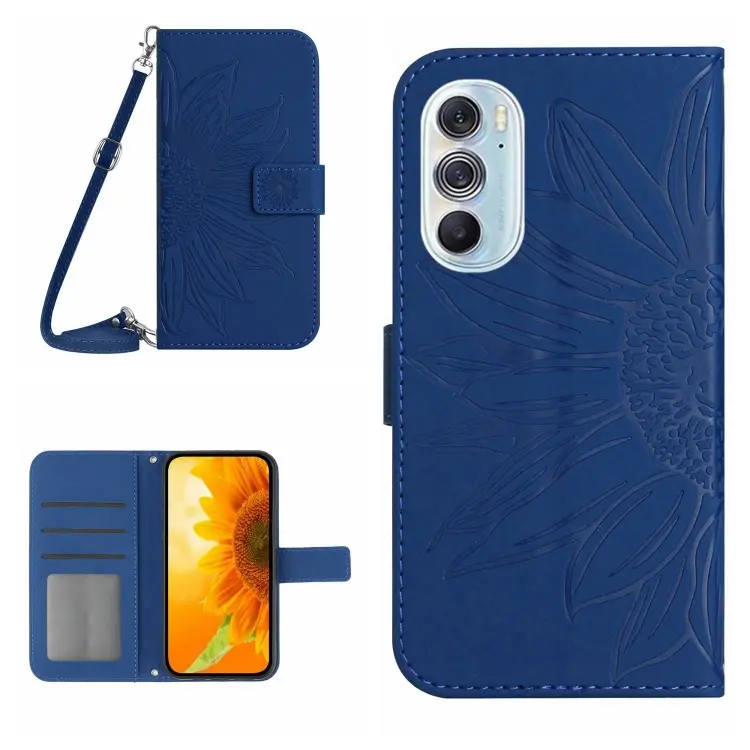 For Motorola Moto Edge 30 Ultra Skin Feel Sun Flower Pattern Flip Leather Phone Case with Lanyard(Dark Blue)