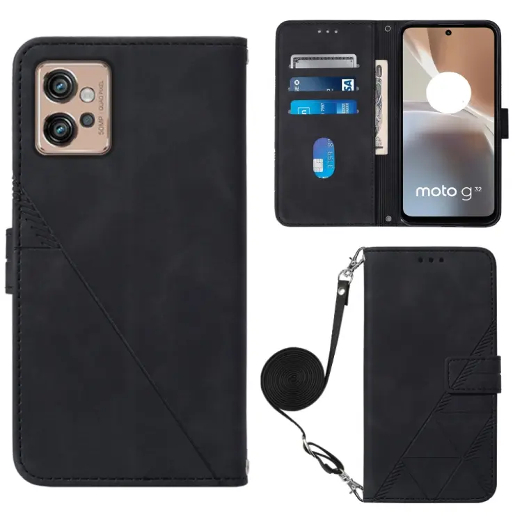 For Motorola Moto G32 Crossbody 3D Embossed Flip Leather Phone Case(Black)