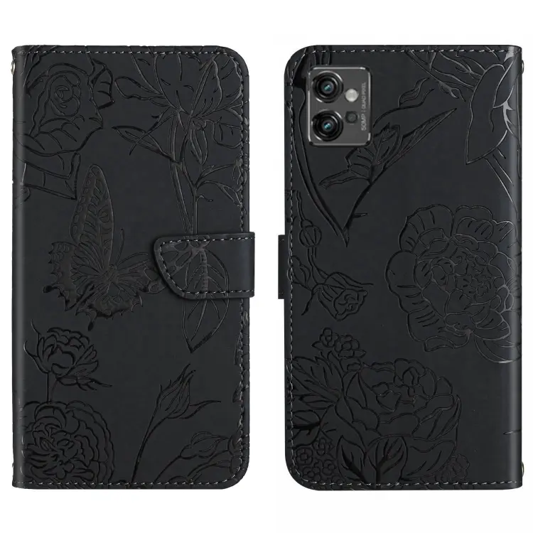 For Motorola Moto G32 HT03 Skin Feel Butterfly Embossed Flip Leather Phone Case(Black)