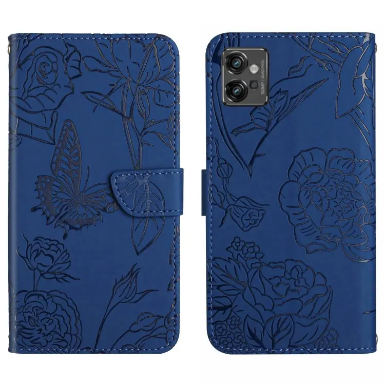 For Motorola Moto G32 HT03 Skin Feel Butterfly Embossed Flip Leather Phone Case(Blue)