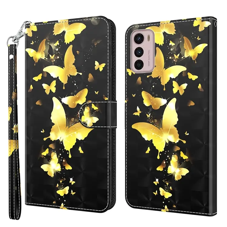 For Motorola Moto G42 3D Painting Pattern TPU + PU Leather Phone Case(Gold Butterfly)