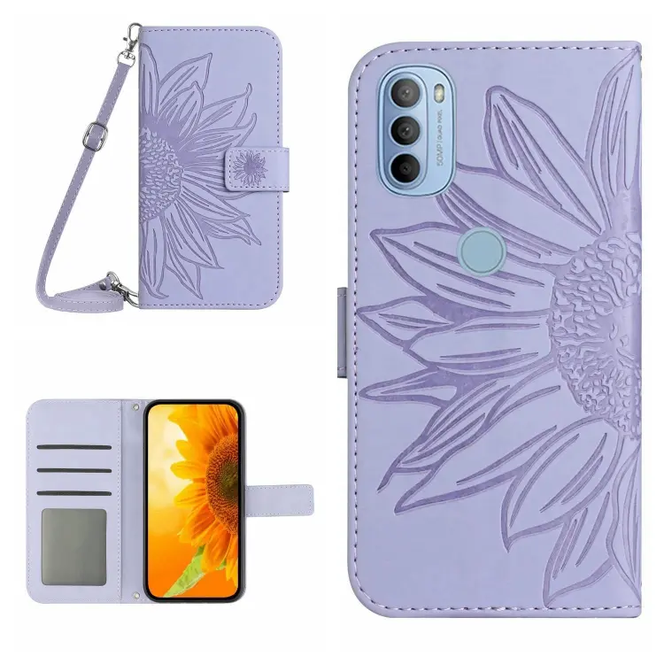 For Motorola Moto G51 5G Skin Feel Sun Flower Pattern Flip Leather Phone Case with Lanyard(Purple)