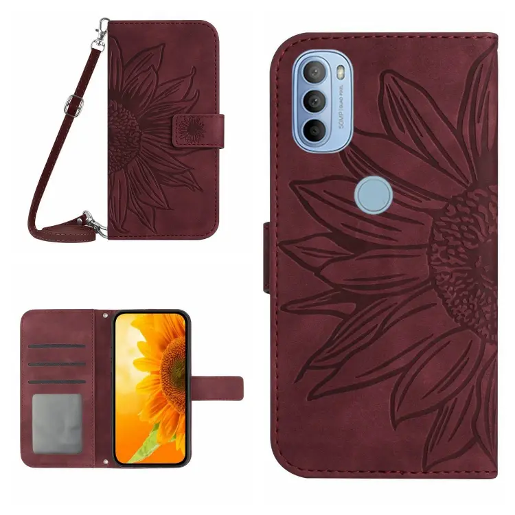 For Motorola Moto G51 5G Skin Feel Sun Flower Pattern Flip Leather Phone Case with Lanyard(Wine Red)