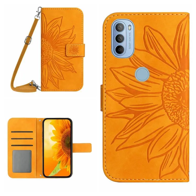 For Motorola Moto G51 5G Skin Feel Sun Flower Pattern Flip Leather Phone Case with Lanyard(Yellow)