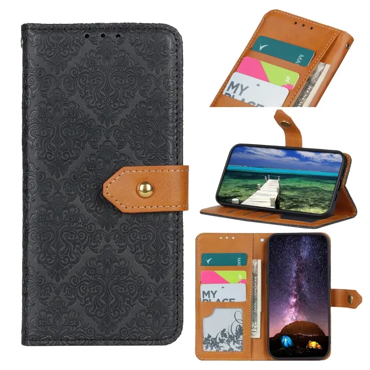 For Motorola Moto G72 European Floral Embossed Flip Leather Phone Case(Black)